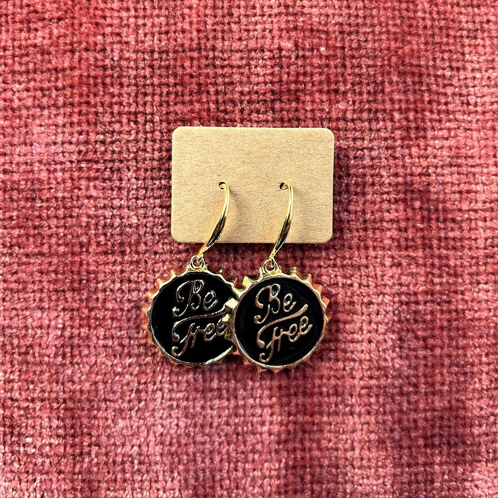 New Whimsical Be Free Bottle Cap Earrings Gold, Black